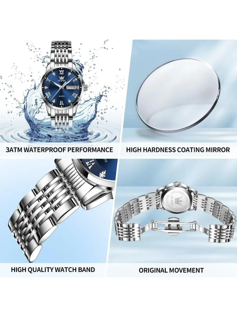 Women’s Silver Blue Stainless Steel Elegant 3ATM Waterproof Quartz Dress Watch